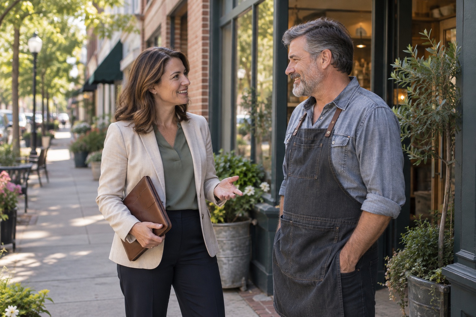 A business professional and a shop owner talking outside a neighborhood storefront.