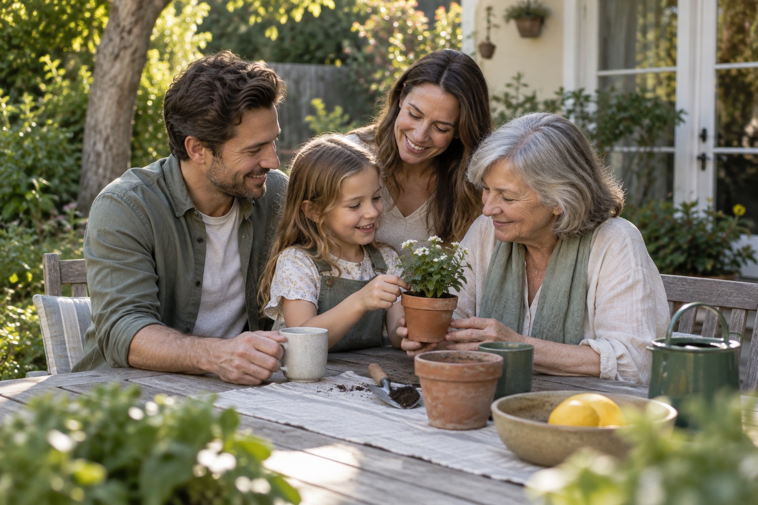 A family sharing a relaxed afternoon together at a backyard picnic table.