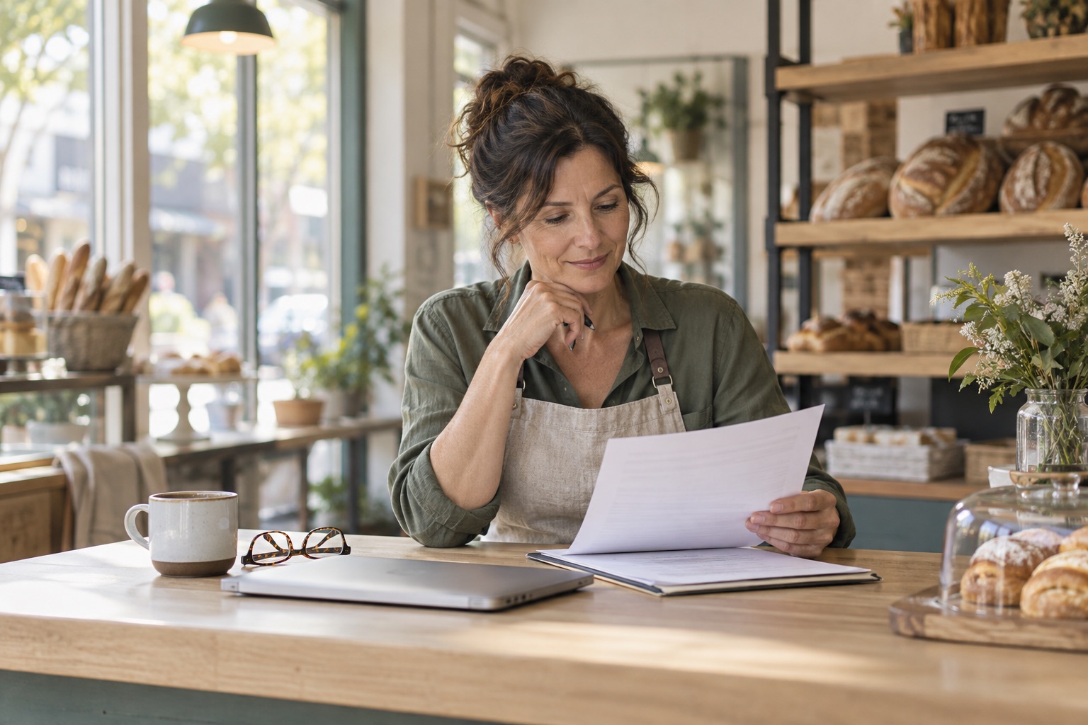 A neighborhood bakery owner reviewing business paperwork at her counter.