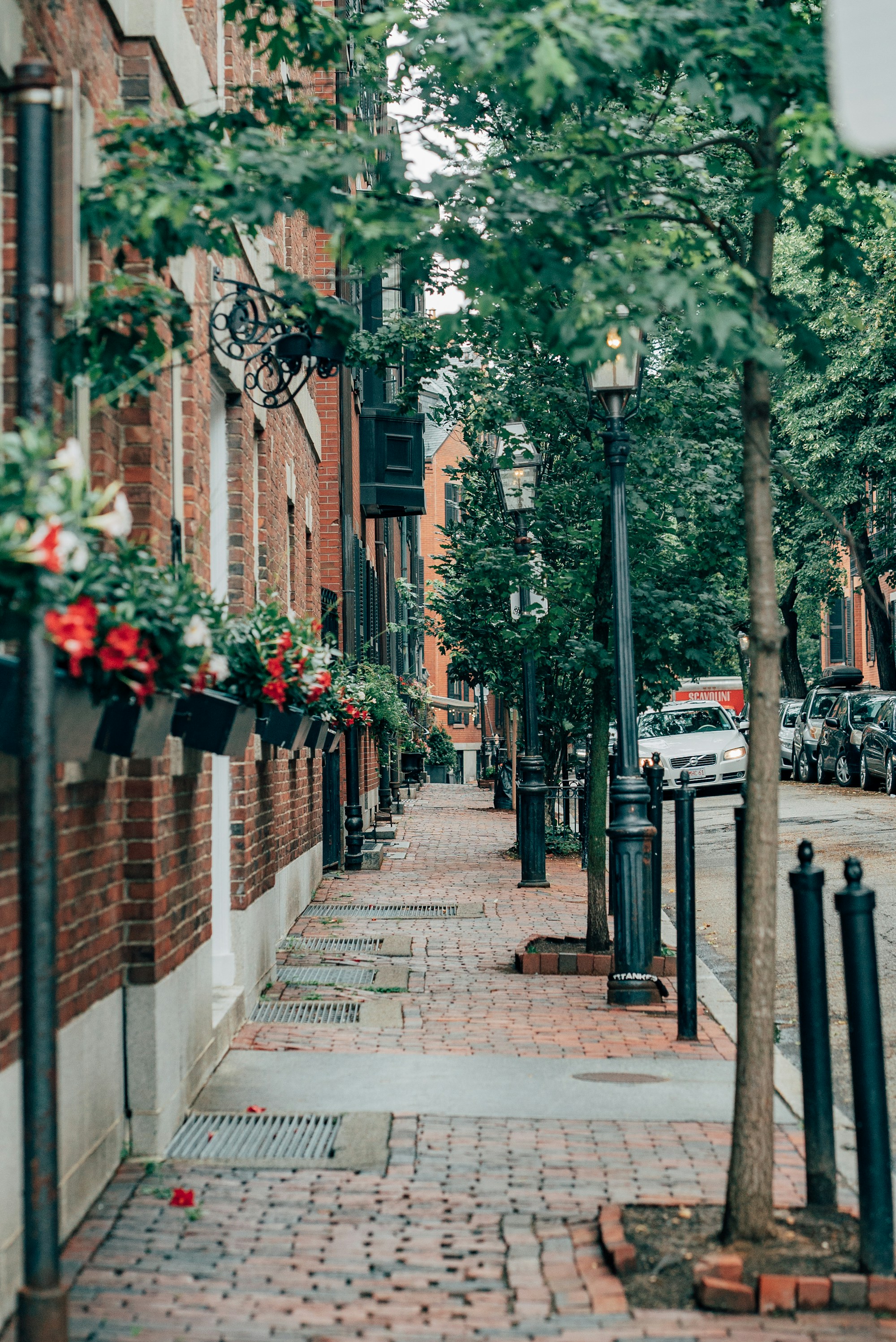 A quiet Boston streetscape with brick buildings and neighborhood storefronts.